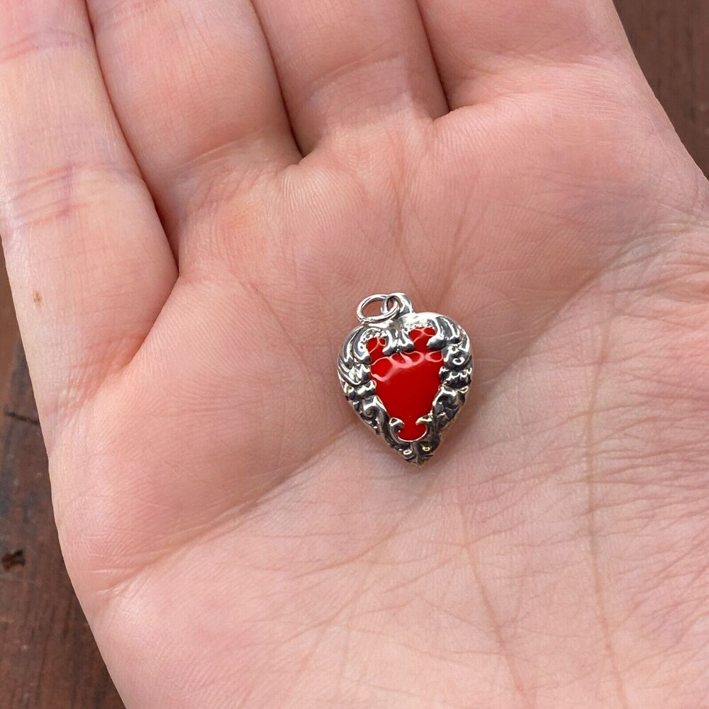 Vintage 925 Sterling Silver Red Enamel Repousse Swirl Puffy Heart Bracelet Charm